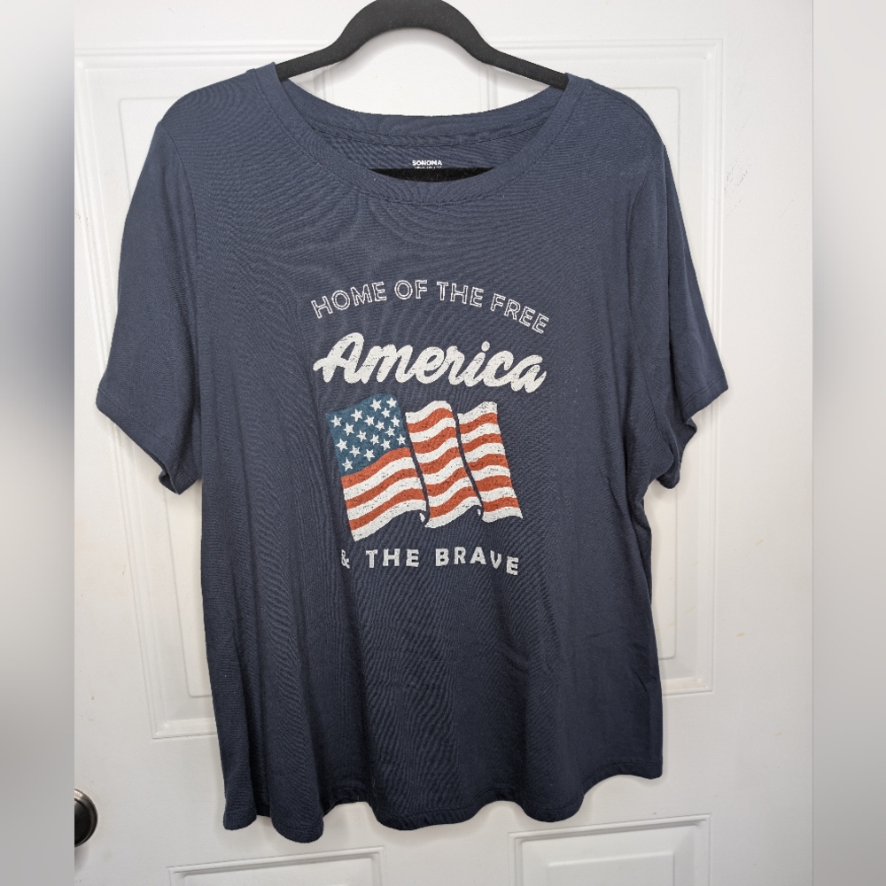 Sonoma Women's Short Sleeve Tee - Navy with American Flag